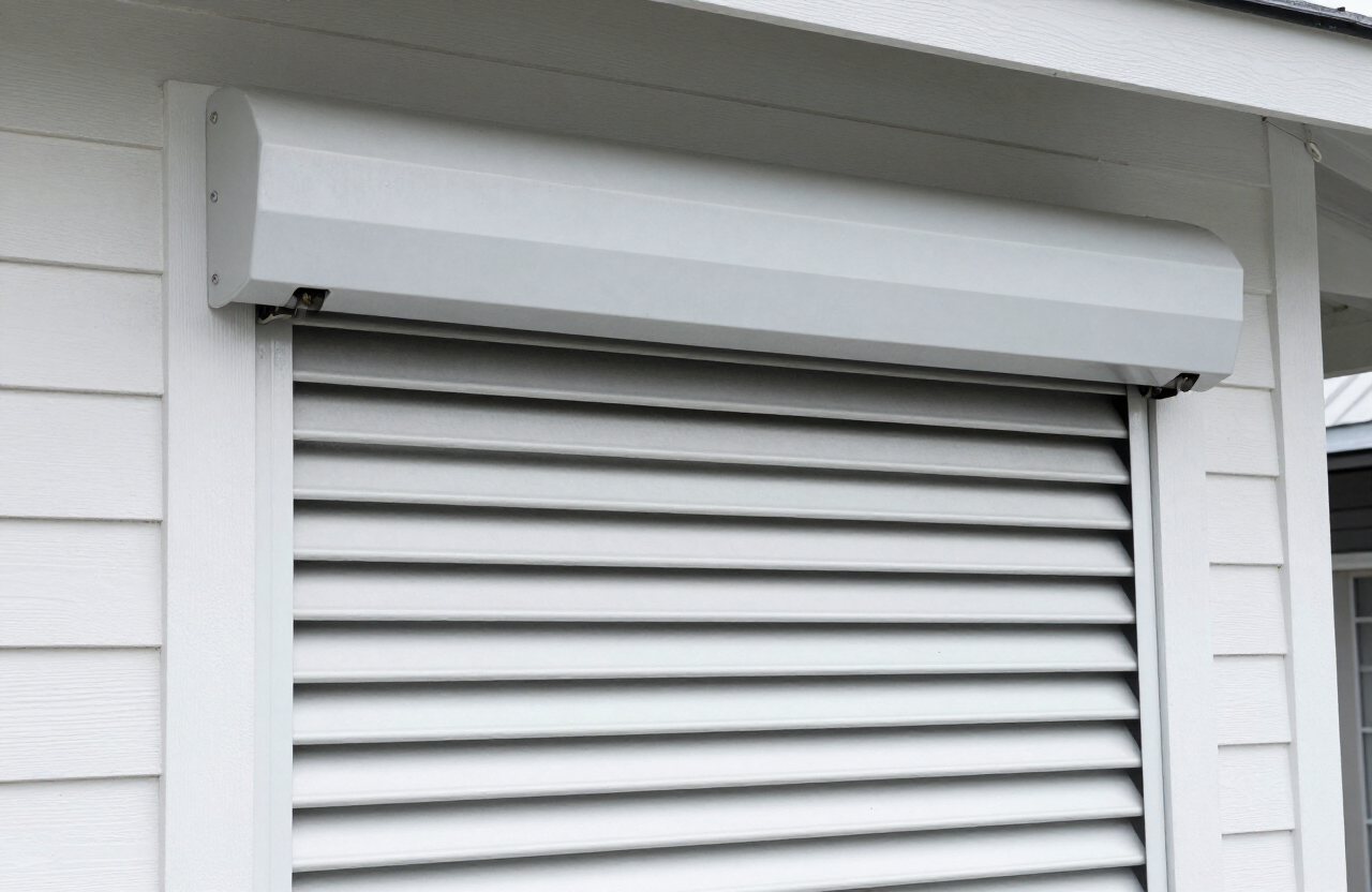 Motorized roll-down hurricane shutters on a home in Nassau, Bahamas