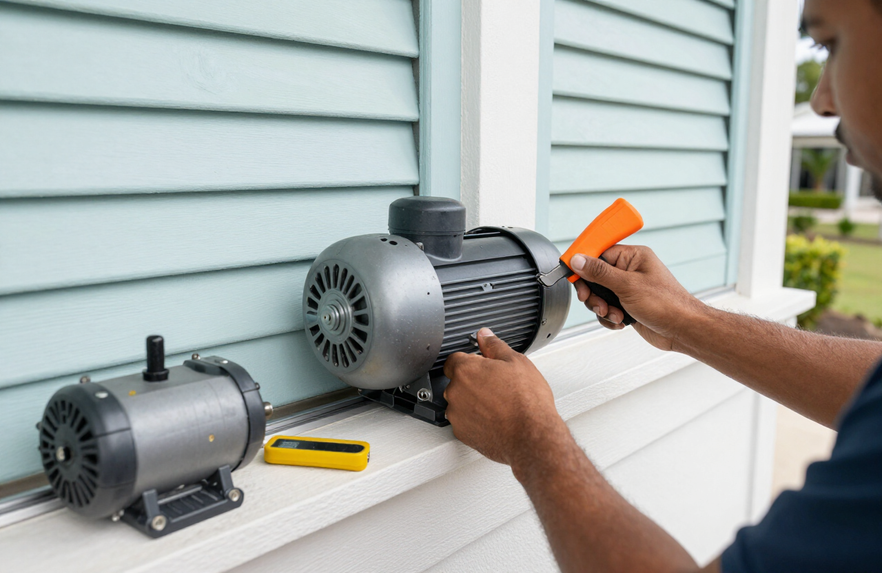 Technician repairing a hurricane shutter motor on a home in Nassau, Bahamas